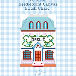 Peut inclure: Diagramme de point de croix avec un motif de maison pixélisée et le mot « GARLIC » au-dessus de la porte. La maison a un toit bleu, des fenêtres rouges et marron, sur un fond à carreaux bleu et blanc. Le texte « 18 Mesh Needlepoint Canvas Stitch Chart » est en haut.