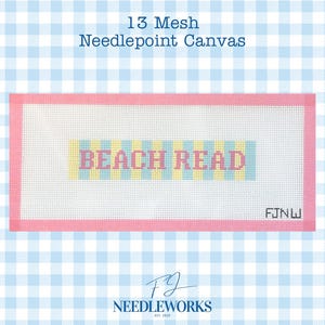 May include: A pink-framed needlepoint canvas with the words "BEACH READ" in colorful cross-stitch. The canvas is 13 mesh and features the Needleworks logo. The background is a light blue gingham pattern.
