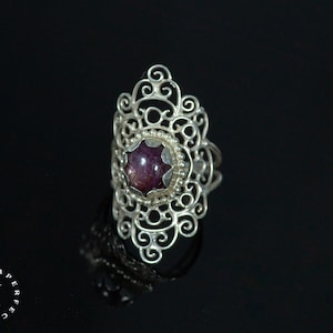 Long silver Mandala ring with a ruby star image 1