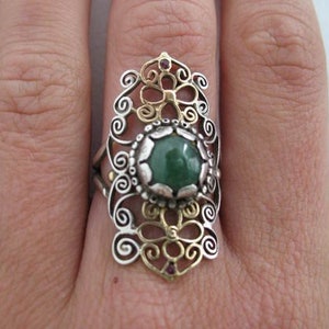 silver and 14k solid gold filigree ring with green garnet and rubies image 1