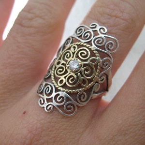 silver, 14k solid gold and diamond filigree ring image 1