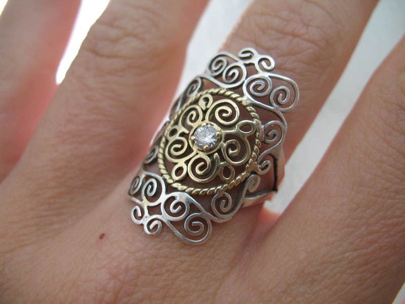 silver, 14k solid gold and diamond filigree ring image 1