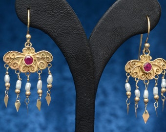 14k gold earrings with rubies and pearls