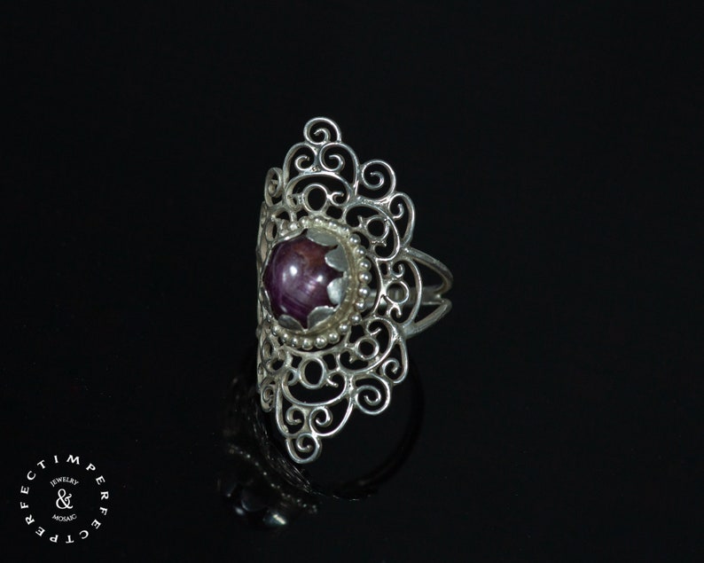Long silver Mandala ring with a ruby star image 3