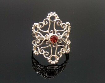 silver mandala ring with Garnet