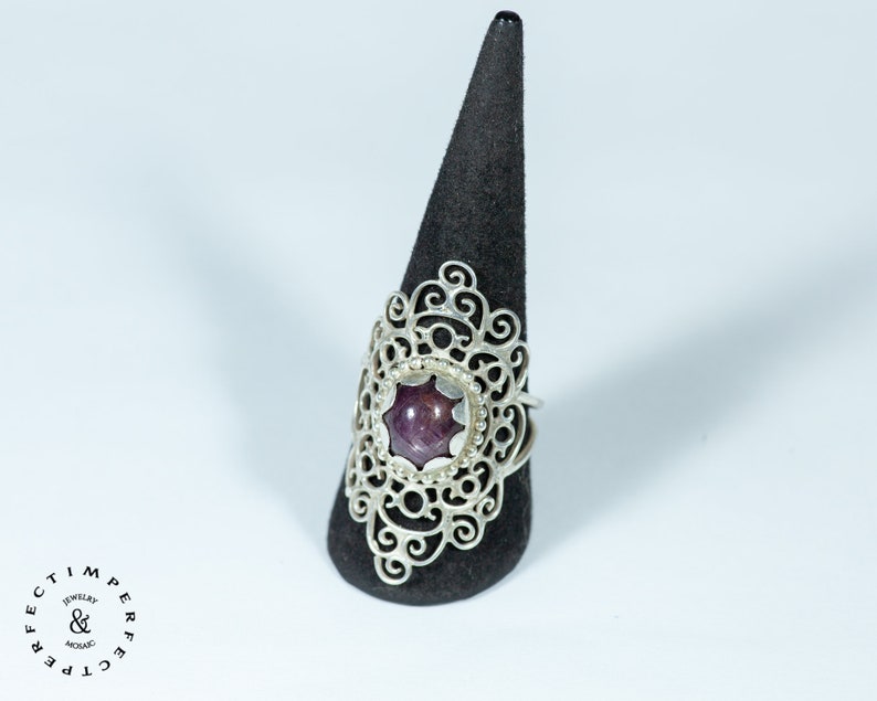 Long silver Mandala ring with a ruby star image 7