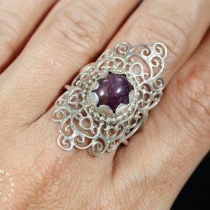 Long silver Mandala ring with a ruby star image 5