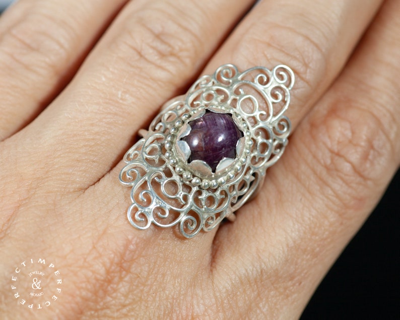 Long silver Mandala ring with a ruby star image 5