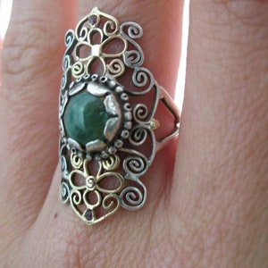 silver and 14k solid gold filigree ring with green garnet and rubies image 2