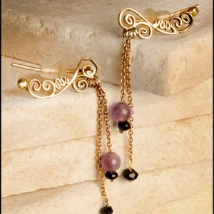 14k gold earrings with amethyst and onyx drops image 1