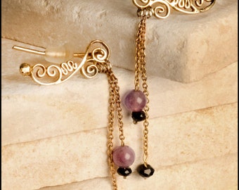 14k gold earrings with amethyst and onyx drops