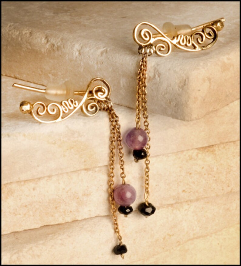 14k gold earrings with amethyst and onyx drops image 1