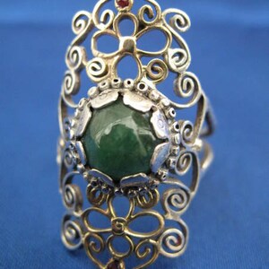 silver and 14k solid gold filigree ring with green garnet and rubies image 4