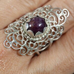 Long silver Mandala ring with a ruby star image 4