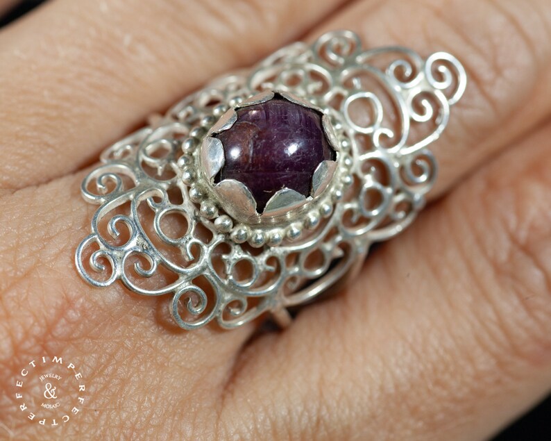 Long silver Mandala ring with a ruby star image 4