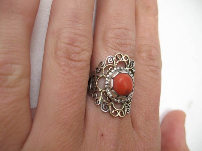 silver and gold ring with Coral image 4