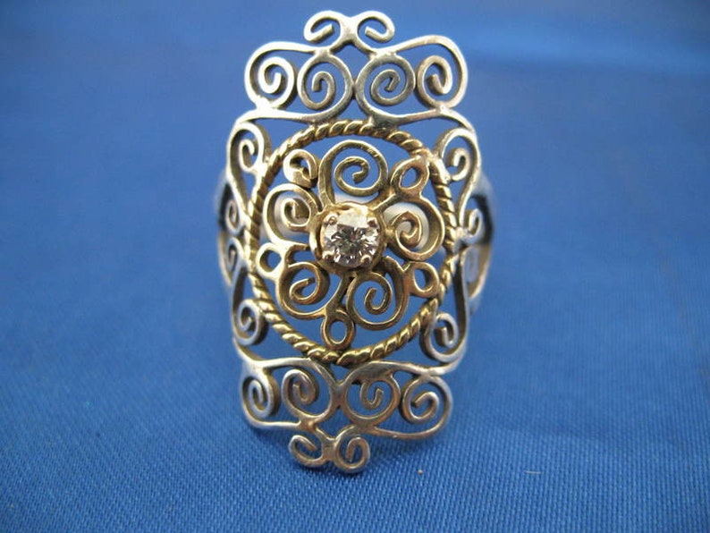 silver, 14k solid gold and diamond filigree ring image 4