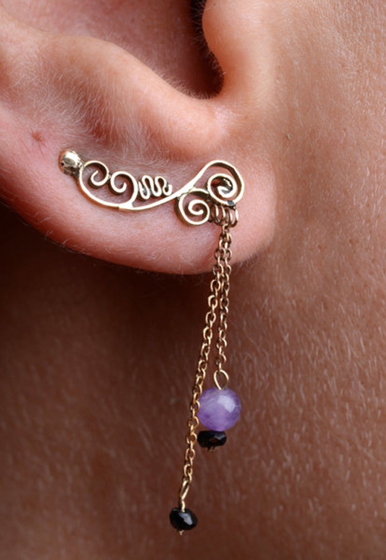 14k gold earrings with amethyst and onyx drops image 2