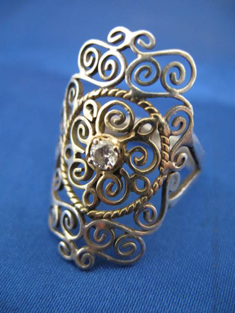 silver, 14k solid gold and diamond filigree ring image 3