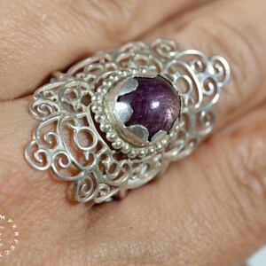 Long silver Mandala ring with a ruby star image 9