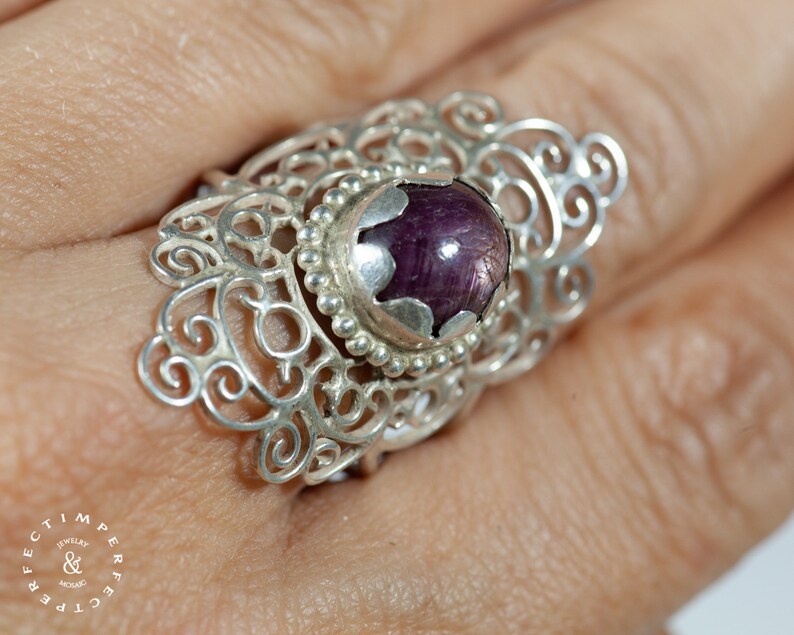 Long silver Mandala ring with a ruby star image 9