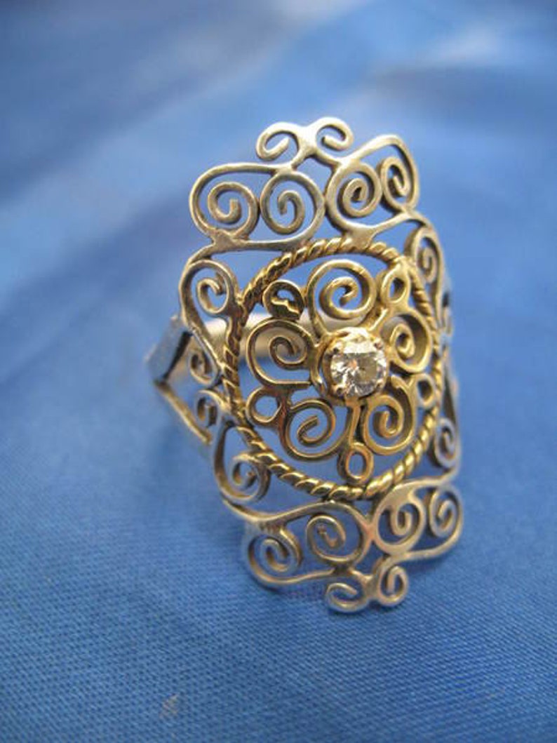 silver, 14k solid gold and diamond filigree ring image 2
