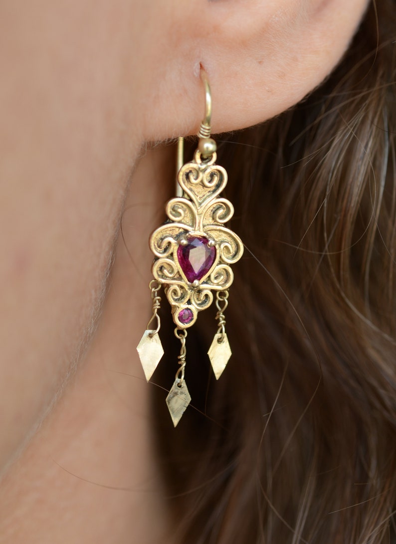 14k gold dangle drop earrings with rubies image 4
