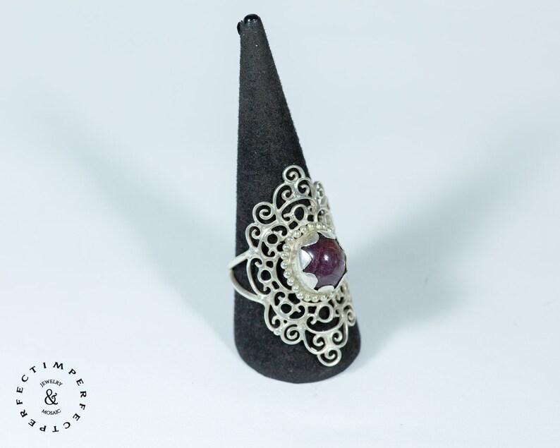 Long silver Mandala ring with a ruby star image 8