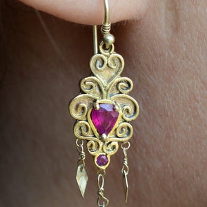 14k gold dangle drop earrings with rubies image 3