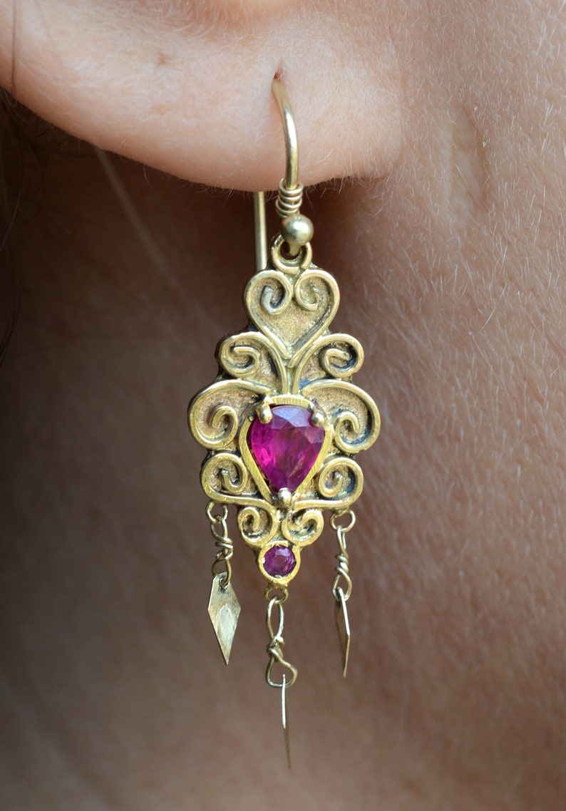 14k gold dangle drop earrings with rubies image 3