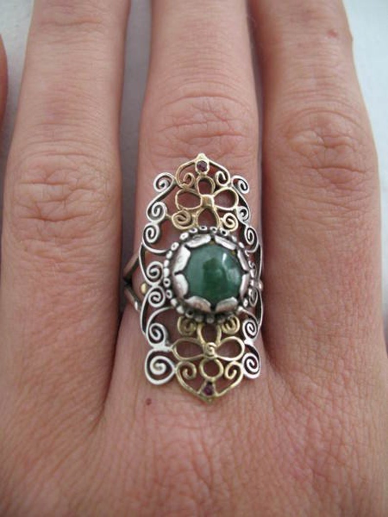 silver and 14k solid gold filigree ring with green garnet and rubies image 1