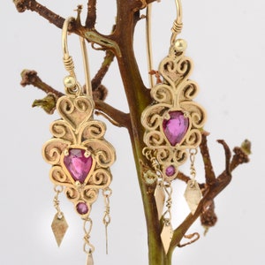 14k gold dangle drop earrings with rubies image 1