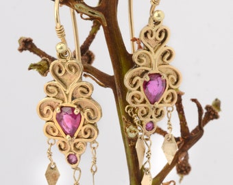 14k gold dangle drop earrings with rubies