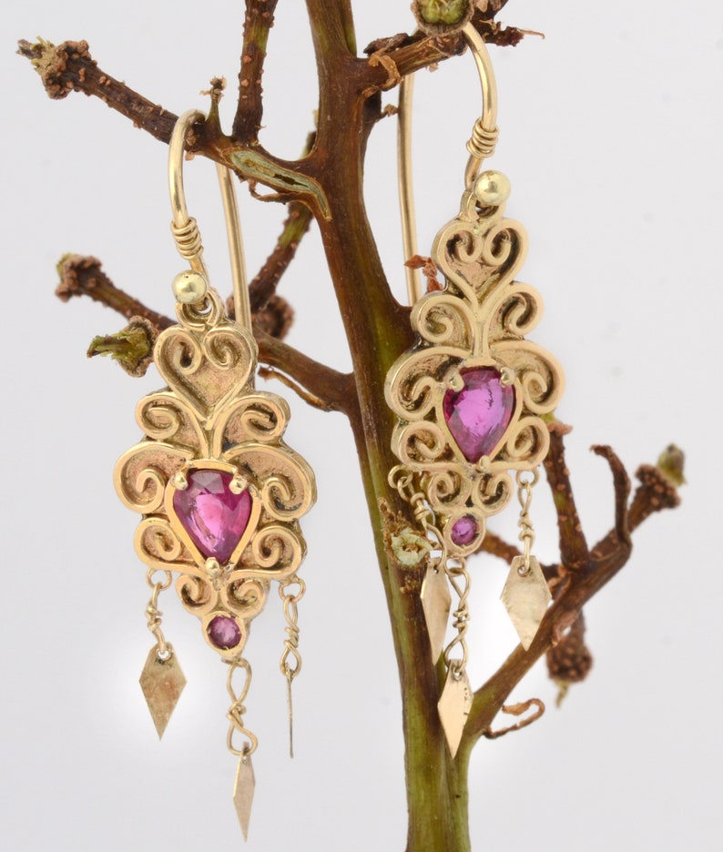 14k gold dangle drop earrings with rubies image 1