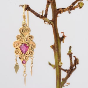 14k gold dangle drop earrings with rubies image 2