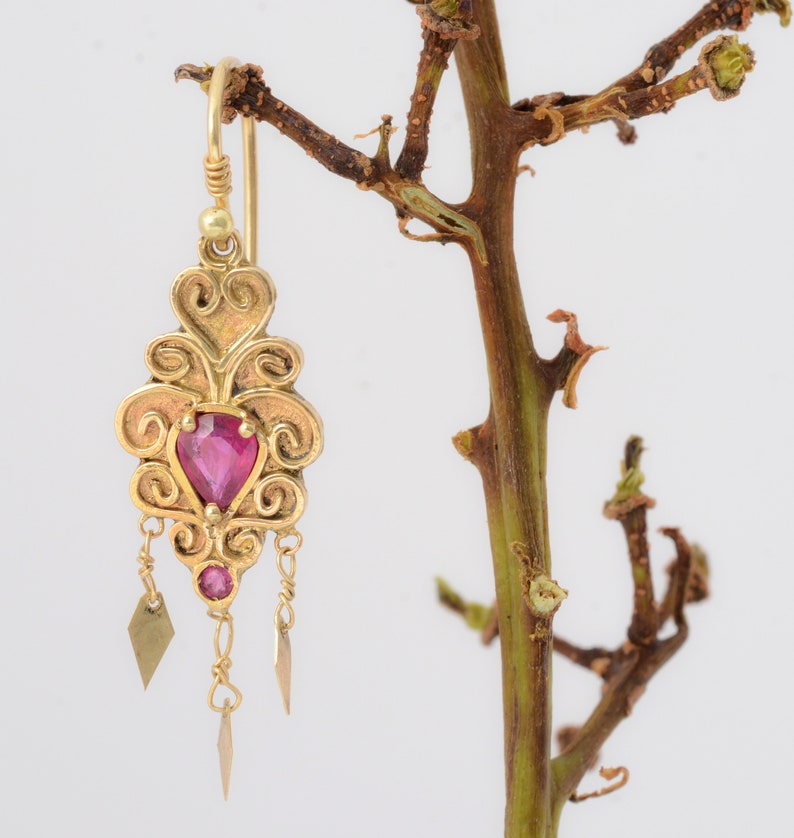 14k gold dangle drop earrings with rubies image 2