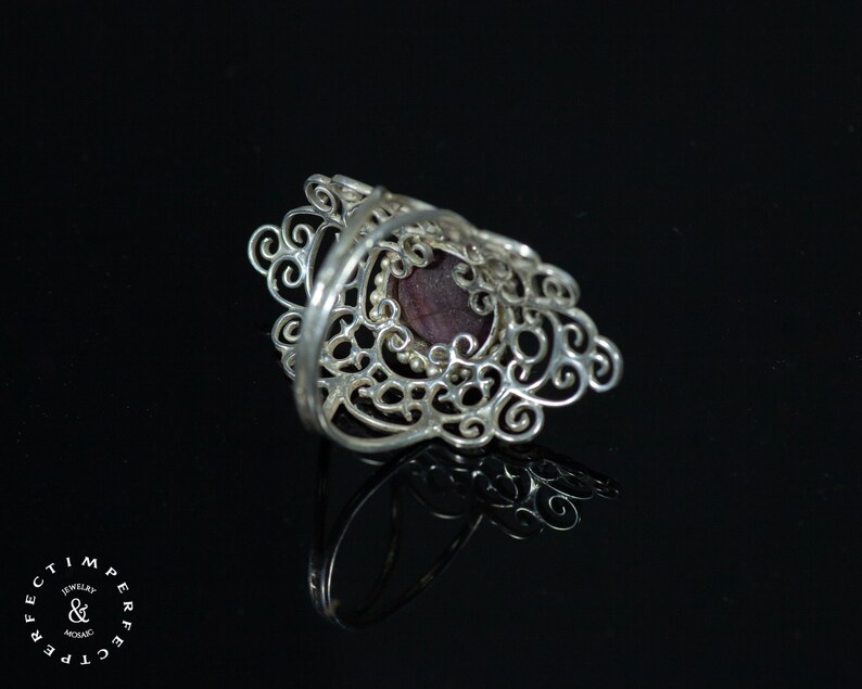 Long silver Mandala ring with a ruby star image 2