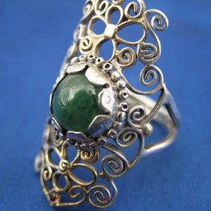 silver and 14k solid gold filigree ring with green garnet and rubies image 3