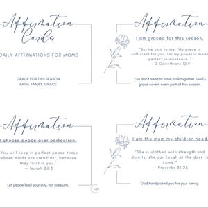 May include: Four white affirmation cards with floral illustrations and text. The cards read "Affirmation Cards, Daily Affirmations for Moms" and include inspirational quotes. The cards are designed with a minimalist aesthetic.