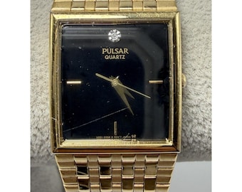 Pulsar V321-5210 New Battery Vintage Mens Tank Watch 25MM 7.5" Gold Tone