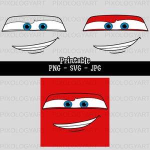 Peut inclure: Illustration numérique du visage d'une voiture de dessin animé, avec des yeux bleus, un sourire blanc et un corps rouge ou blanc. Le texte "Printable PNG - SVG - JPG" est inclus.