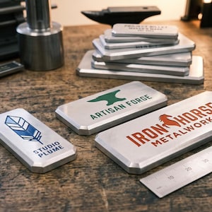 May include: Three rectangular metal plates with beveled edges. One features a blue feather logo and the text STUDIO PLUME. Another shows a green anvil icon and ARTISAN FORGE. The third displays a red horse logo and IRON HORSE METALWORKS.