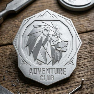 以下が含まれることがあります： 幾何学的なライオンの頭の彫刻、山の頂、2024年、ADVENTURE CLUBの文字が刻まれた銀色の八角形の金属製メダル。メダルは21.30mm 2026 MODELと刻印された金属製マイクロメーターの近くに配置されています。