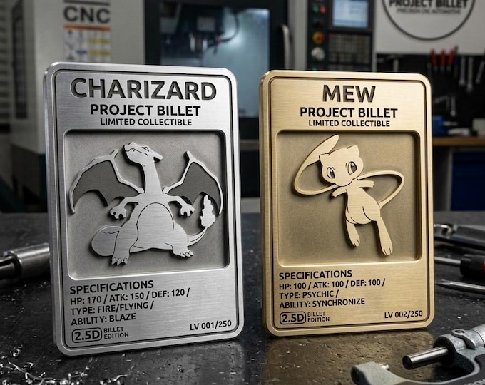 Featured listing image: Personalized 2.5D Machined Metal Pokémon Cards - Any Character Made to Order