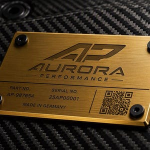 Op de afbeelding: Een rechthoekig goudkleurig metalen identificatieplaatje met het gegraveerde logo AP AURORA PERFORMANCE, onderdeelnummer AP-987654, serienummer 25AP00001, een QR-code en de tekst MADE IN GERMANY, bevestigd met vier zwarte schroeven op carbon.