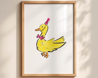 Yellow Duck Bow and Party Hat Print, Nursery Wall Art, Digital Download
