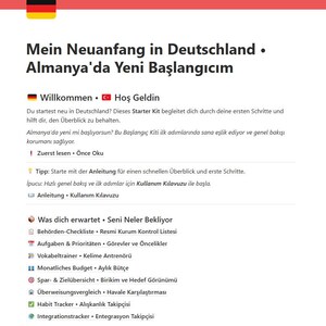 Könnte beinhalten: Eine Webseite mit dem Titel "Mein Neuanfang in Deutschland" in Deutsch und Türkisch. Die Seite zeigt einen rot-weißen Header mit der deutschen Flagge und enthält Abschnitte wie "Willkommen" und "Was dich erwartet".