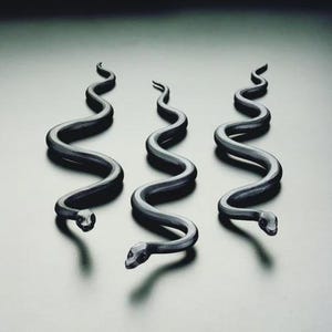 May include: Three stylized, dark gray snake sculptures with detailed heads and curved bodies. The snakes are arranged in a row, each casting a shadow on the reflective surface below. The sculptures have a smooth, metallic appearance.