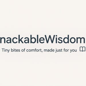 Può includere: La scritta "SnackableWisdom" in blu scuro è centrata in alto. Sotto, in caratteri più piccoli, "Tiny bites of comfort, made just for you" con un'icona di libro a destra, su sfondo crema.