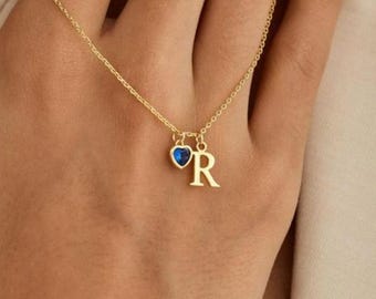 Custom Initial Necklace with Heart Birthstone, Dainty Letter Necklace,  Birthstone Jewellery, 18th Birthday Gifts for Her, Christmas Gift